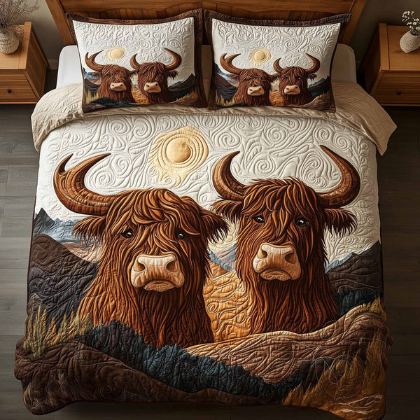 Highland Hearts quilted 3-piece bedding set on a made bed with two matching pillow shams