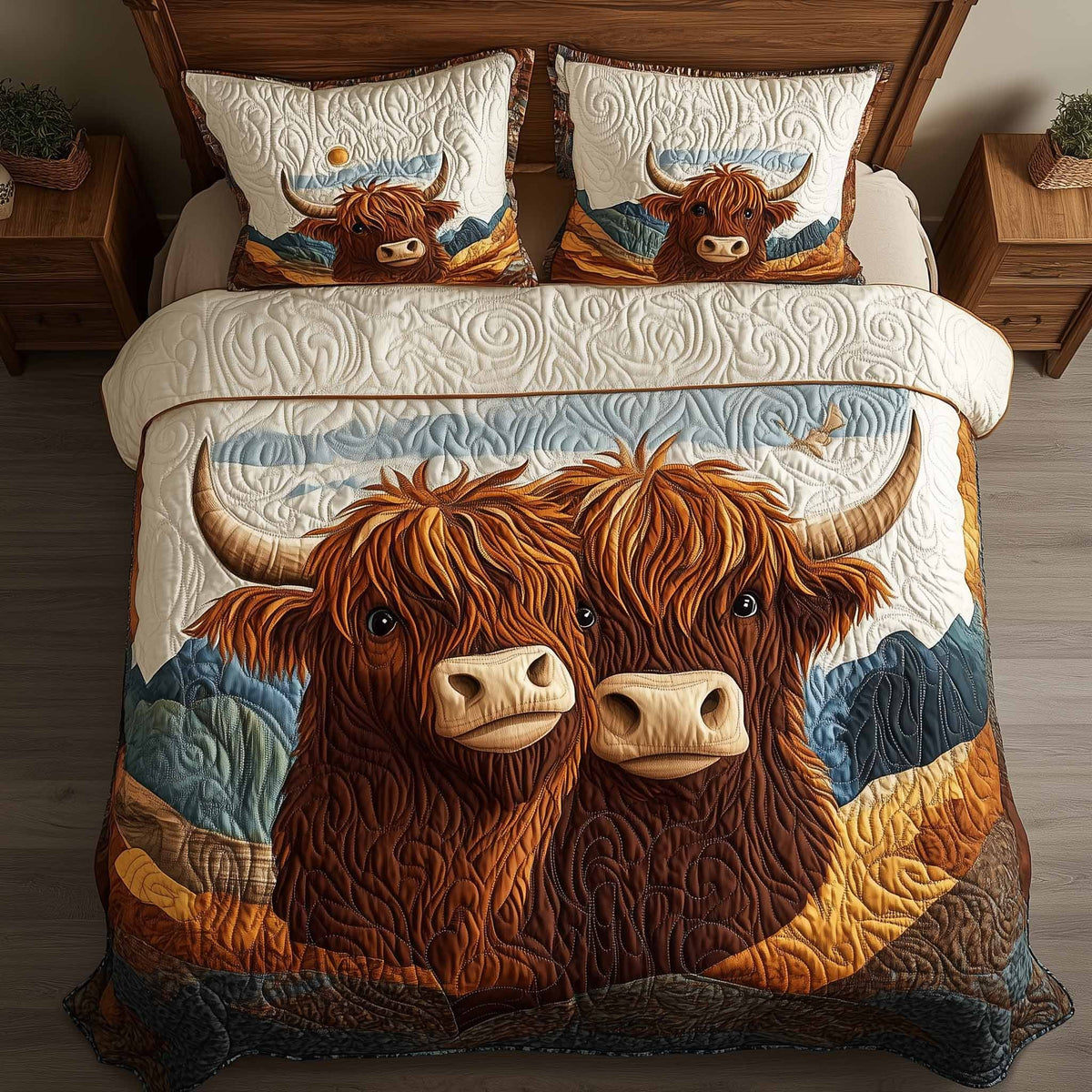 Highland Hearts quilted 3-piece bedding set on a made bed with two matching pillow shams
