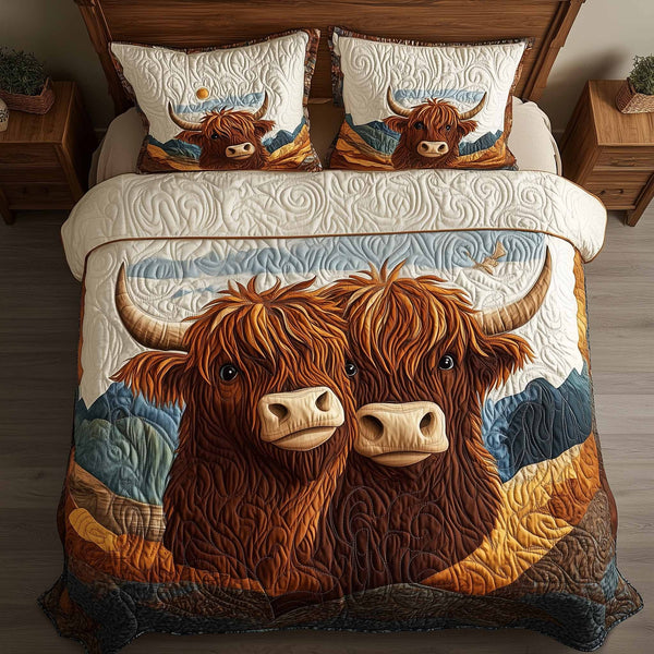 Highland Hearts quilted 3-piece bedding set on a made bed with two matching pillow shams