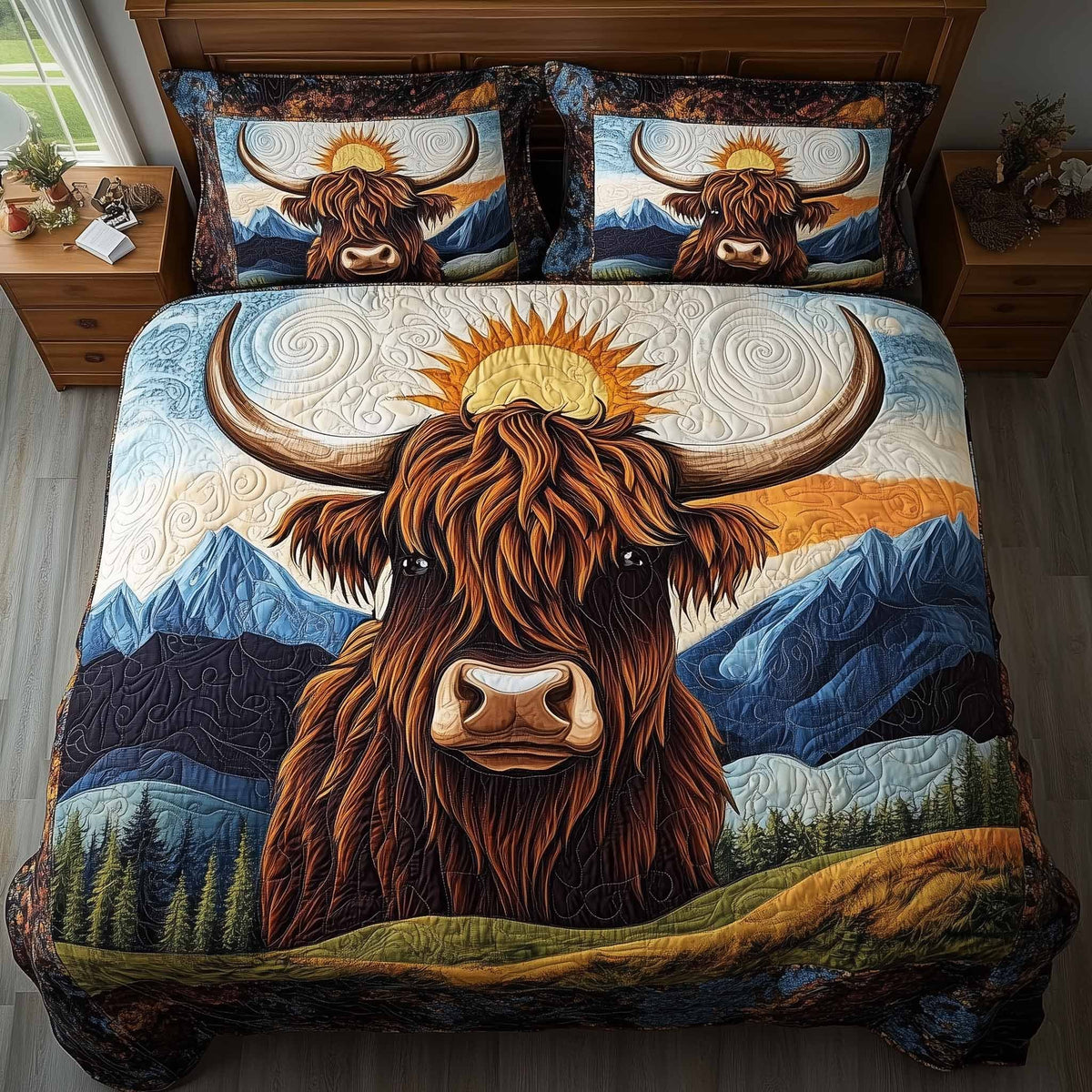 Highland Hearts quilted 3-piece bedding set on a made bed with two matching pillow shams