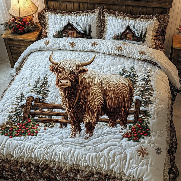 Highland in Snow quilted 3-piece bedding set on a made bed with two matching pillow shams