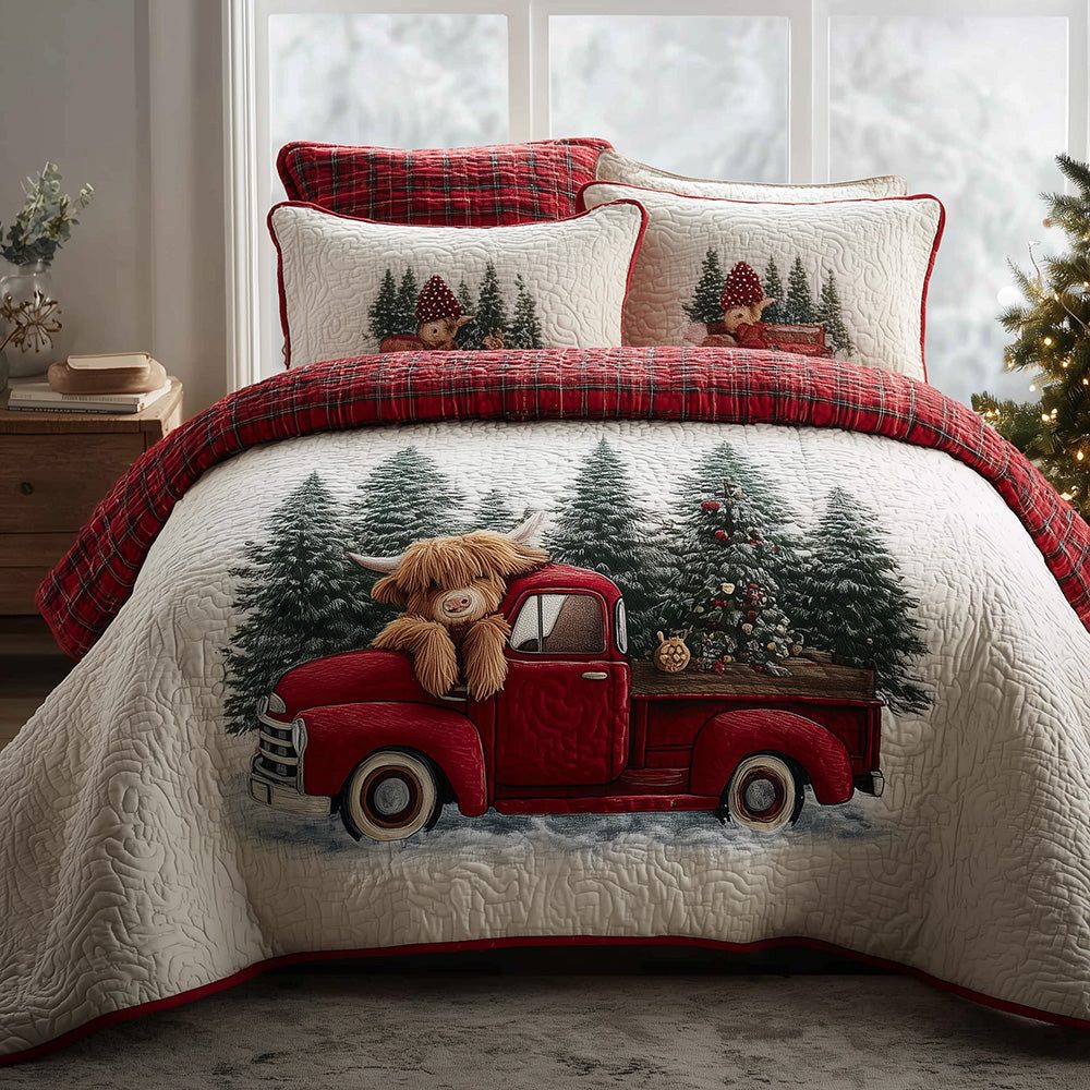Highland Merry Ride quilted 3-piece bedding set on a made bed in a winter-styled bedroom
