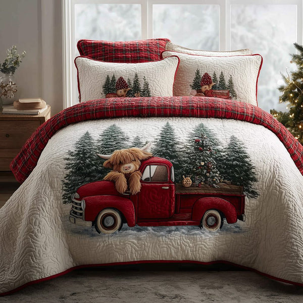 Highland Merry Ride quilted 3-piece bedding set on a made bed in a winter-styled bedroom