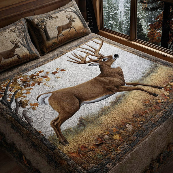 Highland Mist Deer quilted 3-piece bedding set on a made bed with two matching pillow shams