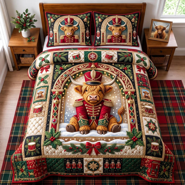 Highland Nutcracker quilted 3-piece bedding set on a made bed in a winter-styled bedroom