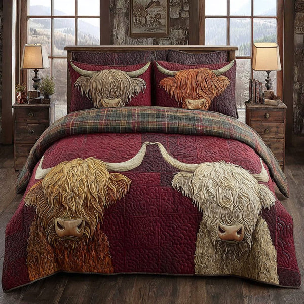 Highland Peace quilted 3-piece bedding set on a made bed with two matching pillow shams