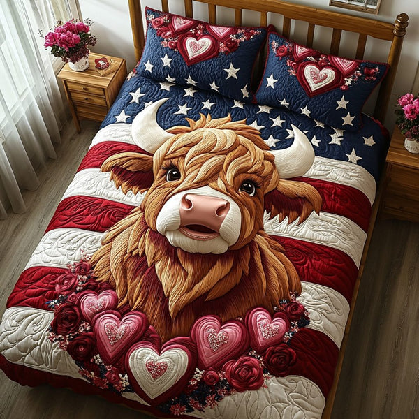 Highland Proud Love quilted 3-piece bedding set on a made bed with two matching pillow shams