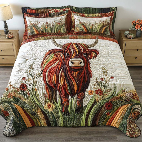 Highland Rustic Beauty quilted 3-piece bedding set on a made bed in a farmhouse bedroom