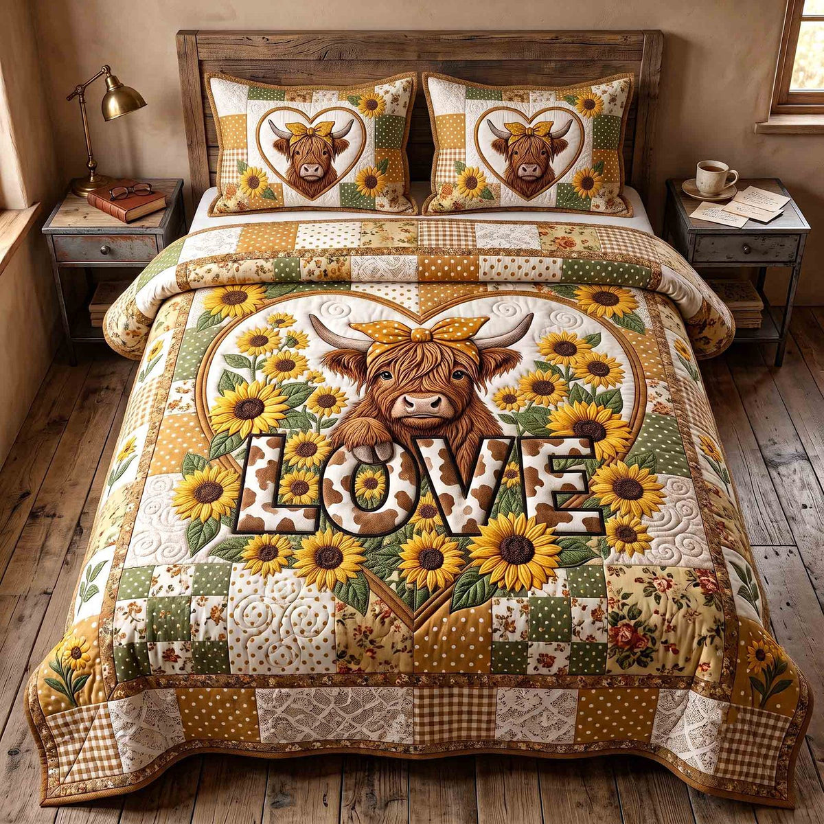 Highland Sunflower quilted 3-piece bedding set on a made bed with two matching pillow shams