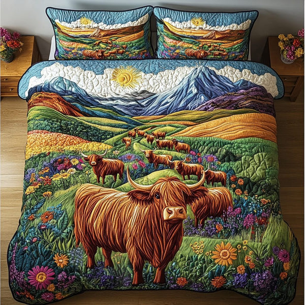 Highland View quilted 3-piece bedding set on a made bed with two matching pillow shams