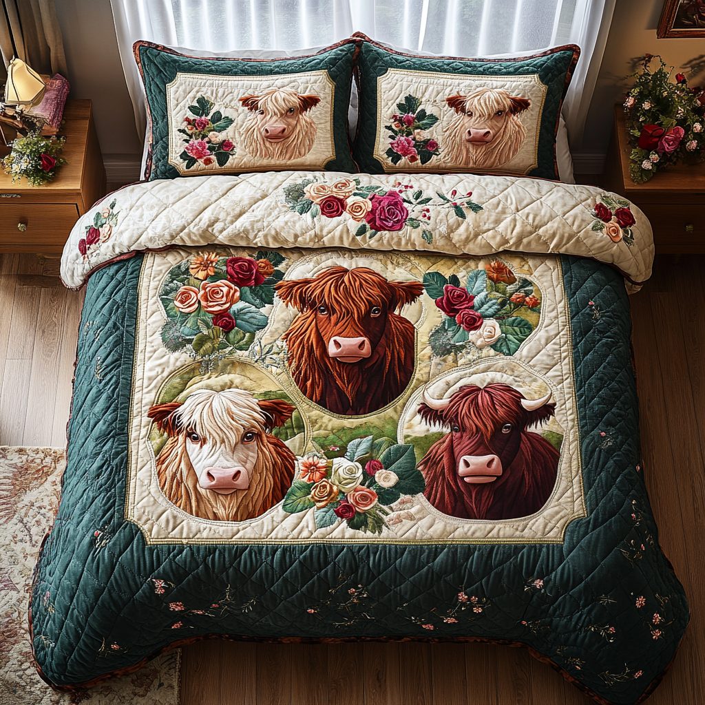 Highland Whimsy quilted 3-piece bedding set on a made bed with two matching pillow shams