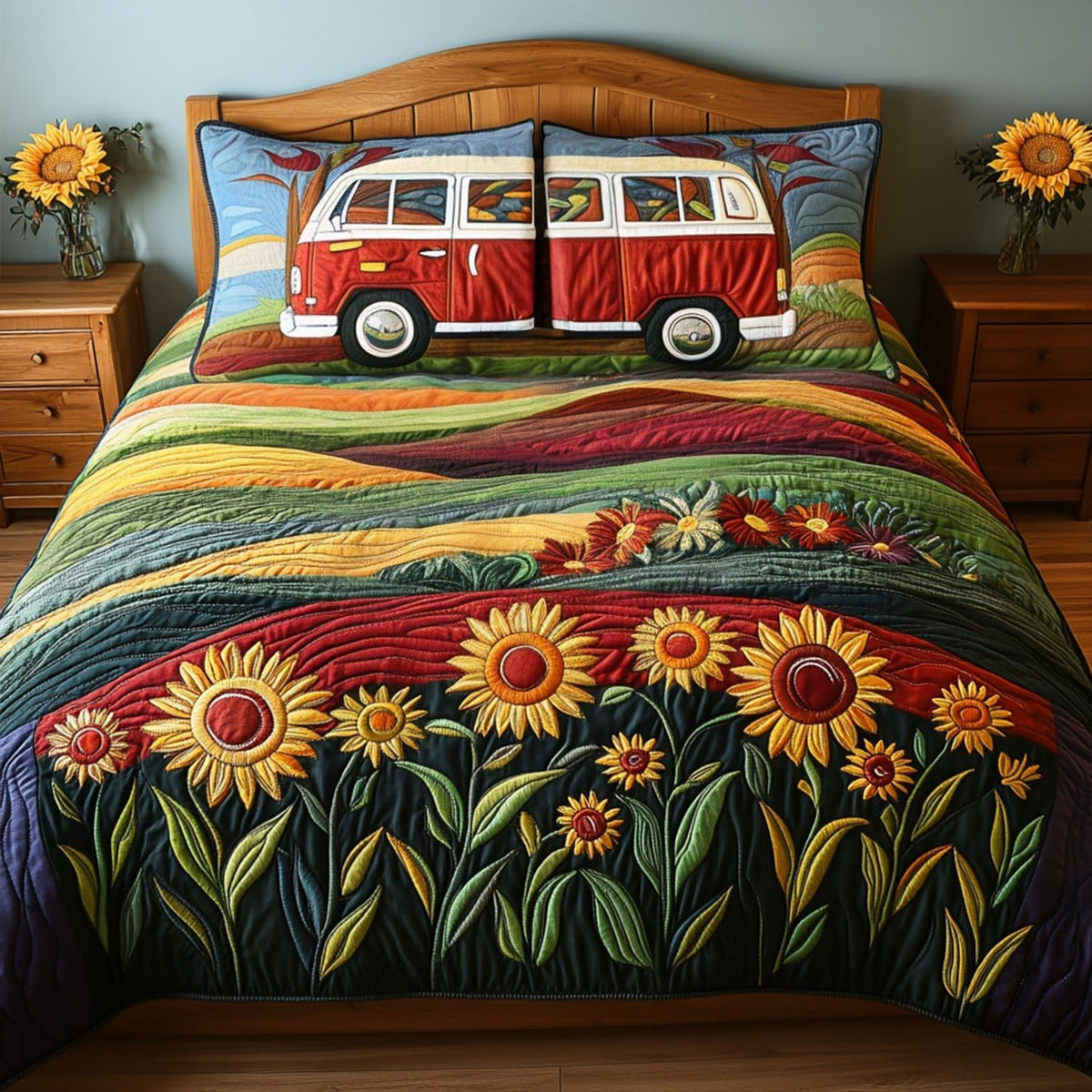 Highway to Sunshine quilted 3-piece bedding set on a made bed with two matching pillow shams