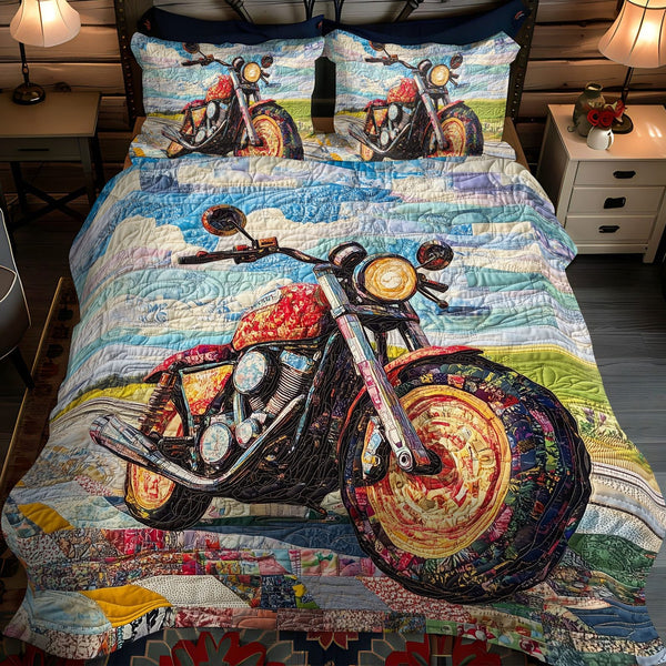 Highways and Horizons quilted 3-piece bedding set on a made bed with two matching pillow shams