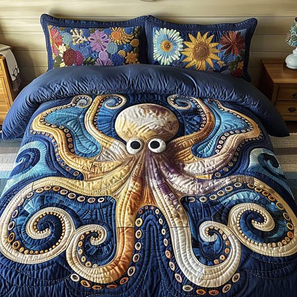 Hilarious Octopus quilted 3-piece bedding set on a made bed with two matching pillow shams