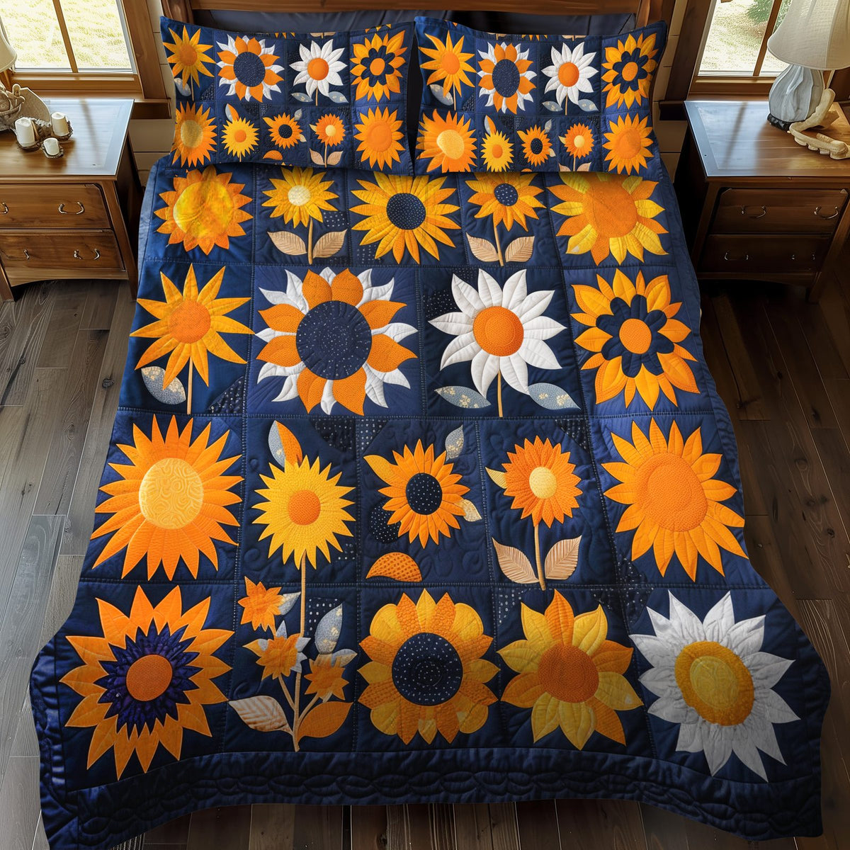 Hilarious Sunflowers quilted 3-piece bedding set on a made bed with two matching pillow shams