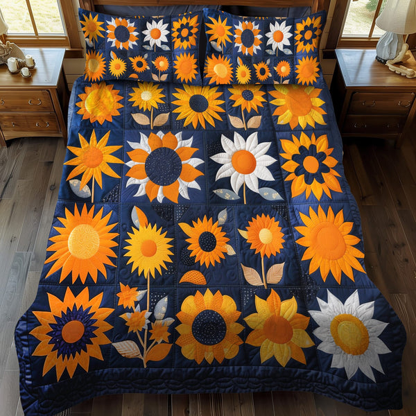 Hilarious Sunflowers quilted 3-piece bedding set on a made bed with two matching pillow shams