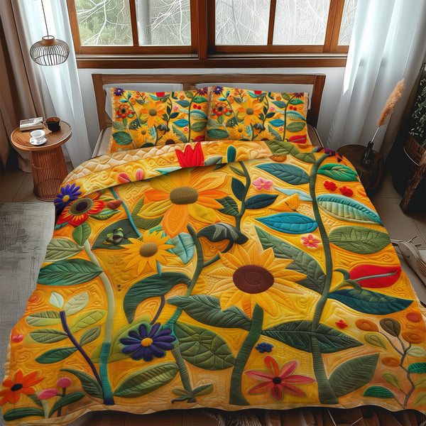 Hilarious Sunflowers quilted 3-piece bedding set on a made bed with two matching pillow shams