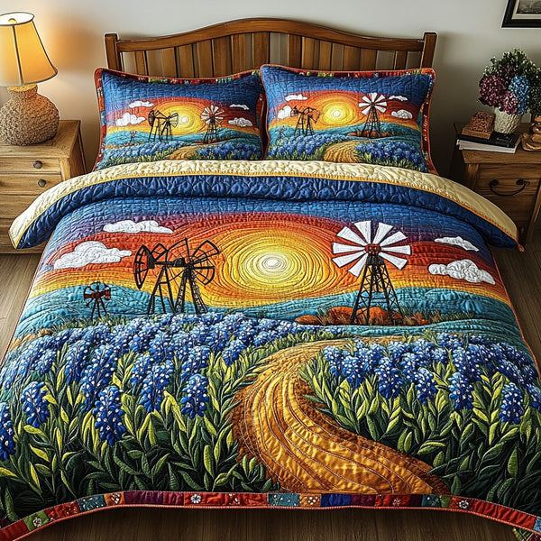 Hill Country quilted 3-piece bedding set on a made bed in a farmhouse bedroom