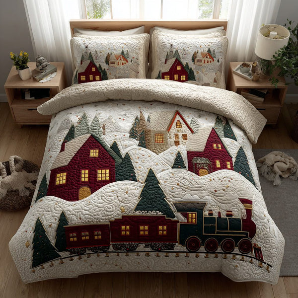 Hills Christmas Village Train quilted 3-piece bedding set on a made bed in a winter-styled bedroom