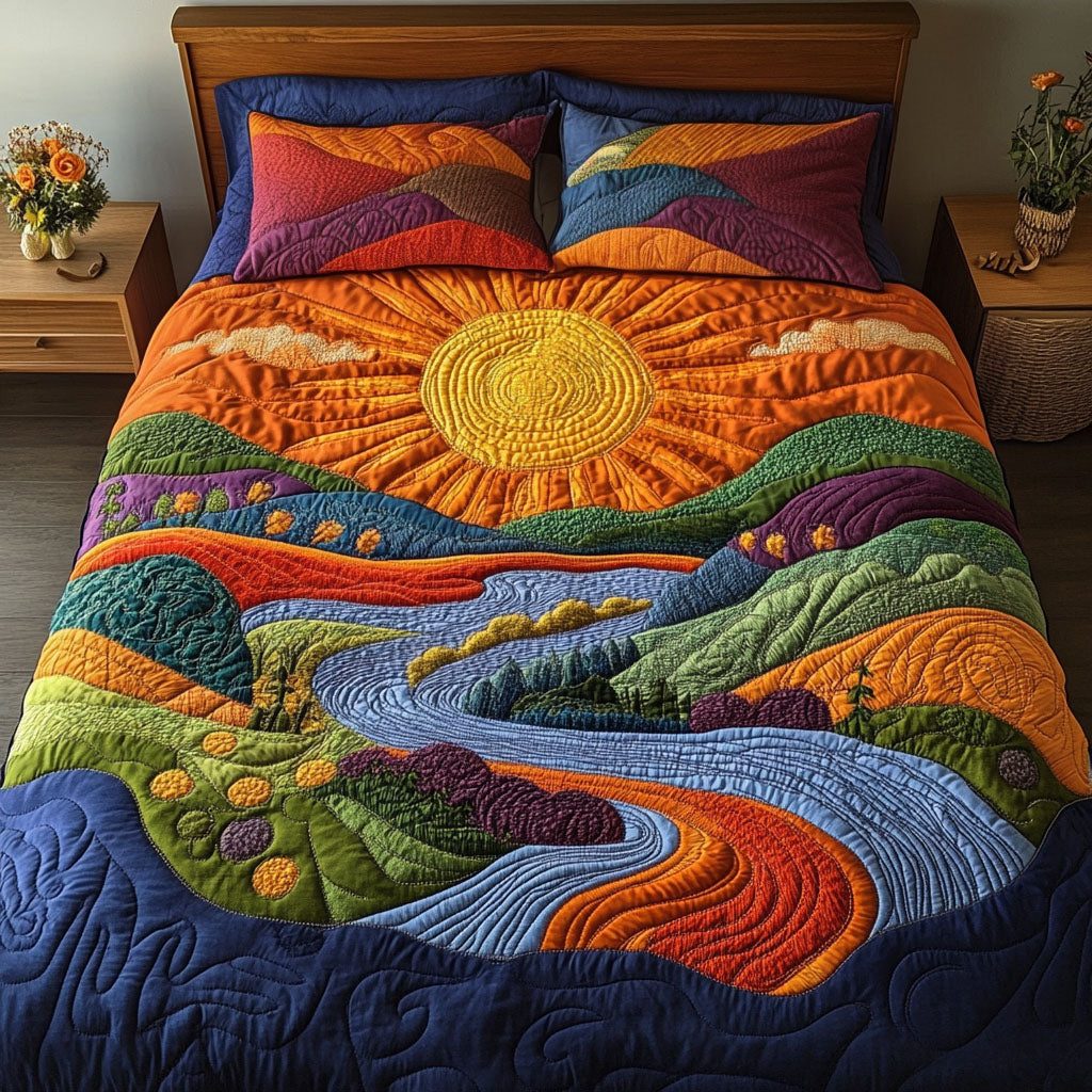 Hills of Radiance quilted 3-piece bedding set on a made bed with two matching pillow shams