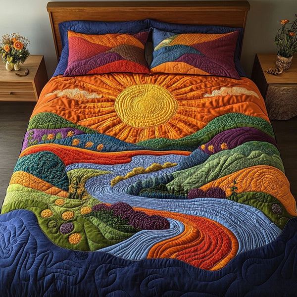 Hills of Radiance quilted 3-piece bedding set on a made bed with two matching pillow shams