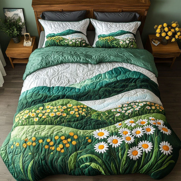 Hillside Bloom quilted 3-piece bedding set on a made bed with two matching pillow shams