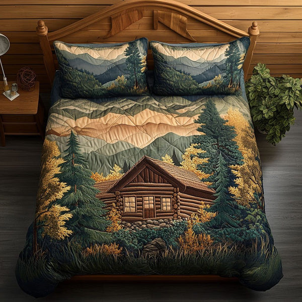Hillside Cabin quilted 3-piece bedding set on a made bed with two matching pillow shams