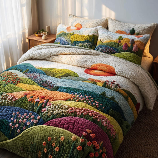 Hillside Serenity quilted 3-piece bedding set on a made bed with two matching pillow shams