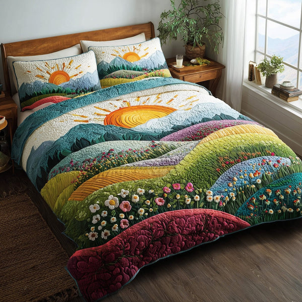 Hillside Serenity quilted 3-piece bedding set on a made bed with two matching pillow shams