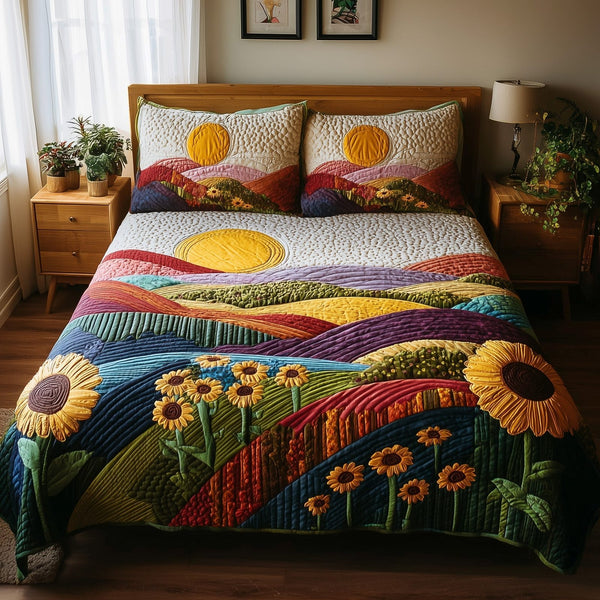 Hillside Serenity quilted 3-piece bedding set on a made bed with two matching pillow shams