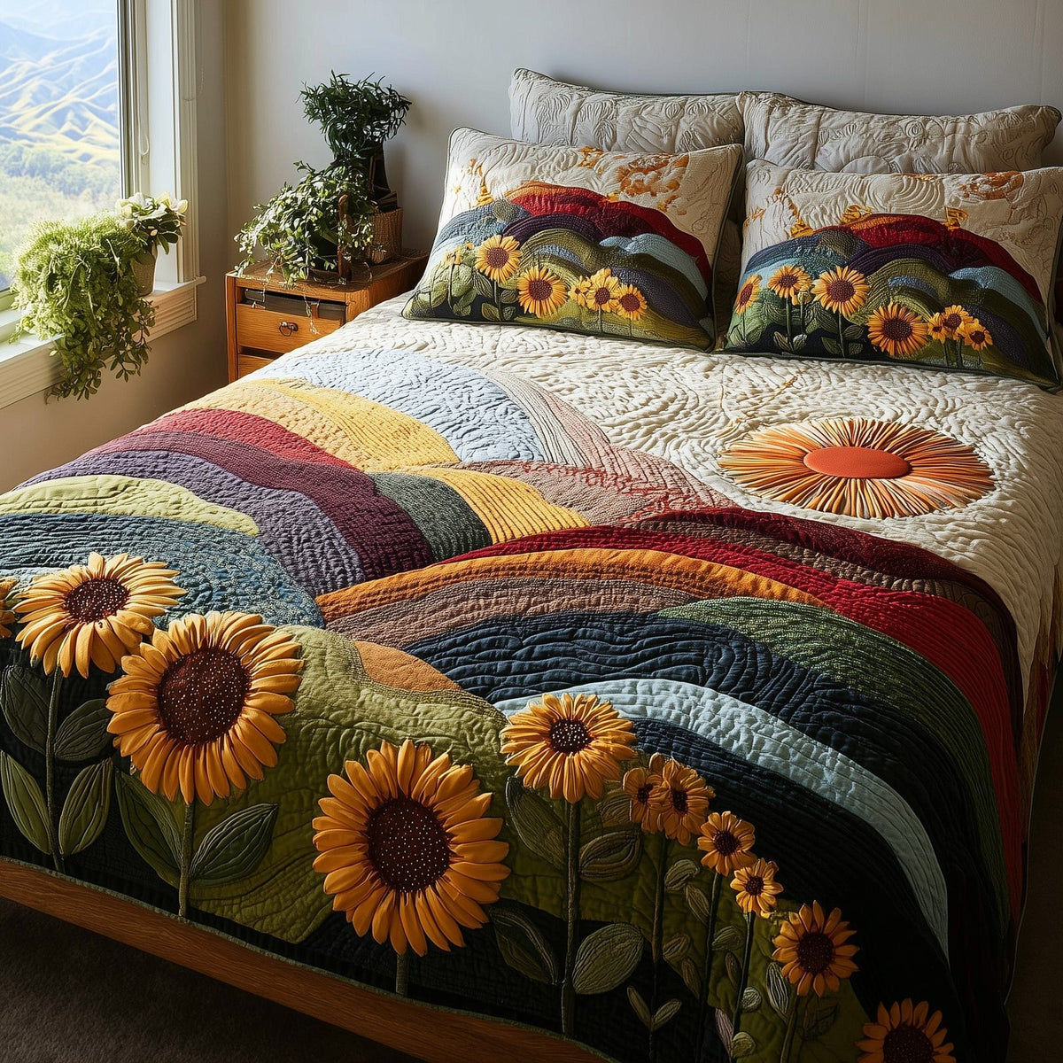 Hillside Serenity quilted 3-piece bedding set on a made bed with two matching pillow shams