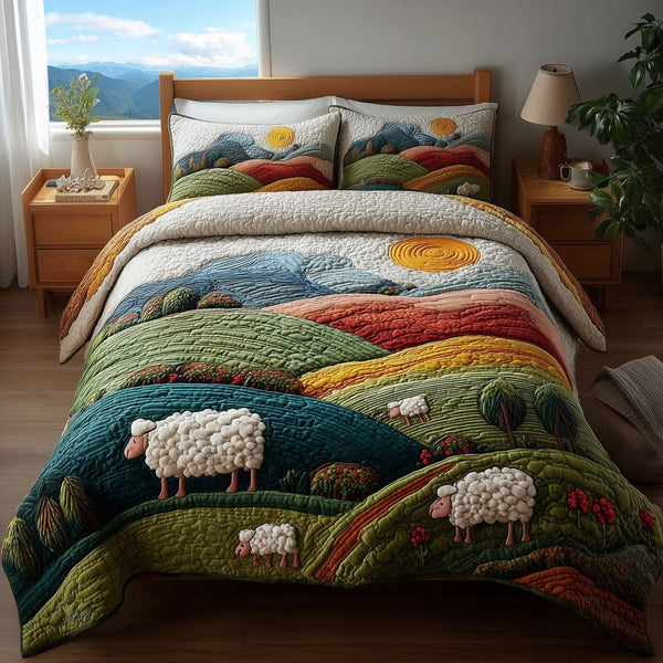 Hillside Serenity quilted 3-piece bedding set on a made bed with two matching pillow shams