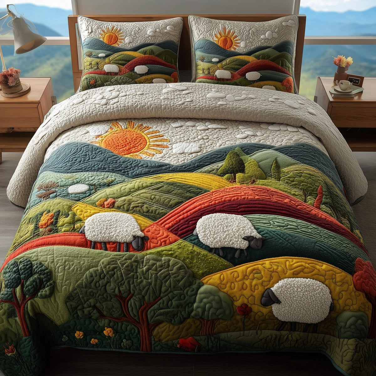 Hillside Serenity quilted 3-piece bedding set on a made bed with two matching pillow shams