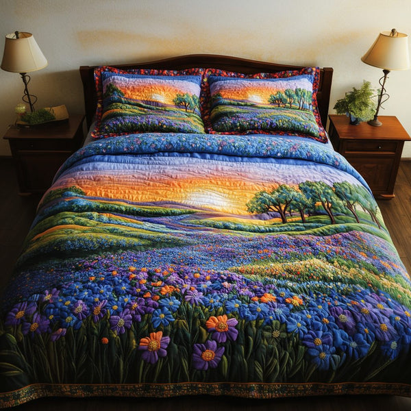 Hilltop Haven quilted 3-piece bedding set on a made bed with two matching pillow shams