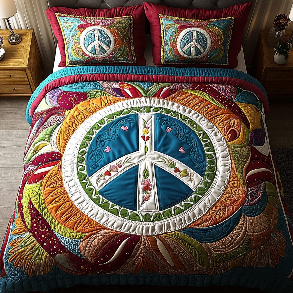 Hippie Bloom quilted 3-piece bedding set on a made bed with two matching pillow shams