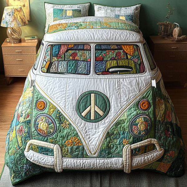 Hippie Camper Comfort quilted 3-piece bedding set on a made bed with two matching pillow shams