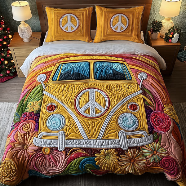Hippie Caravan quilted 3-piece bedding set on a made bed with two matching pillow shams