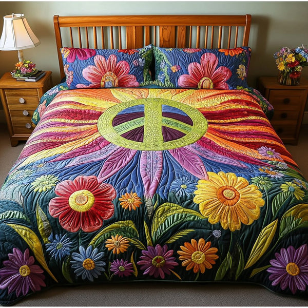 Hippie Dream quilted 3-piece bedding set on a made bed with two matching pillow shams