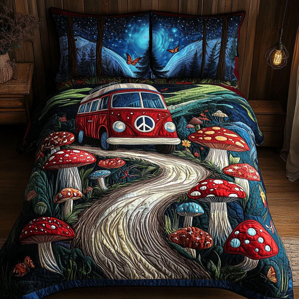 Hippie Dreamland quilted 3-piece bedding set on a made bed with two matching pillow shams