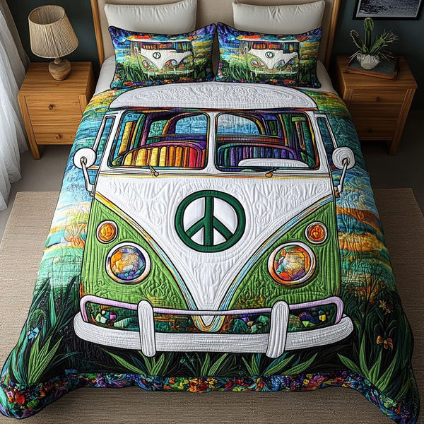 Hippie Dreamscape quilted 3-piece bedding set on a made bed with two matching pillow shams