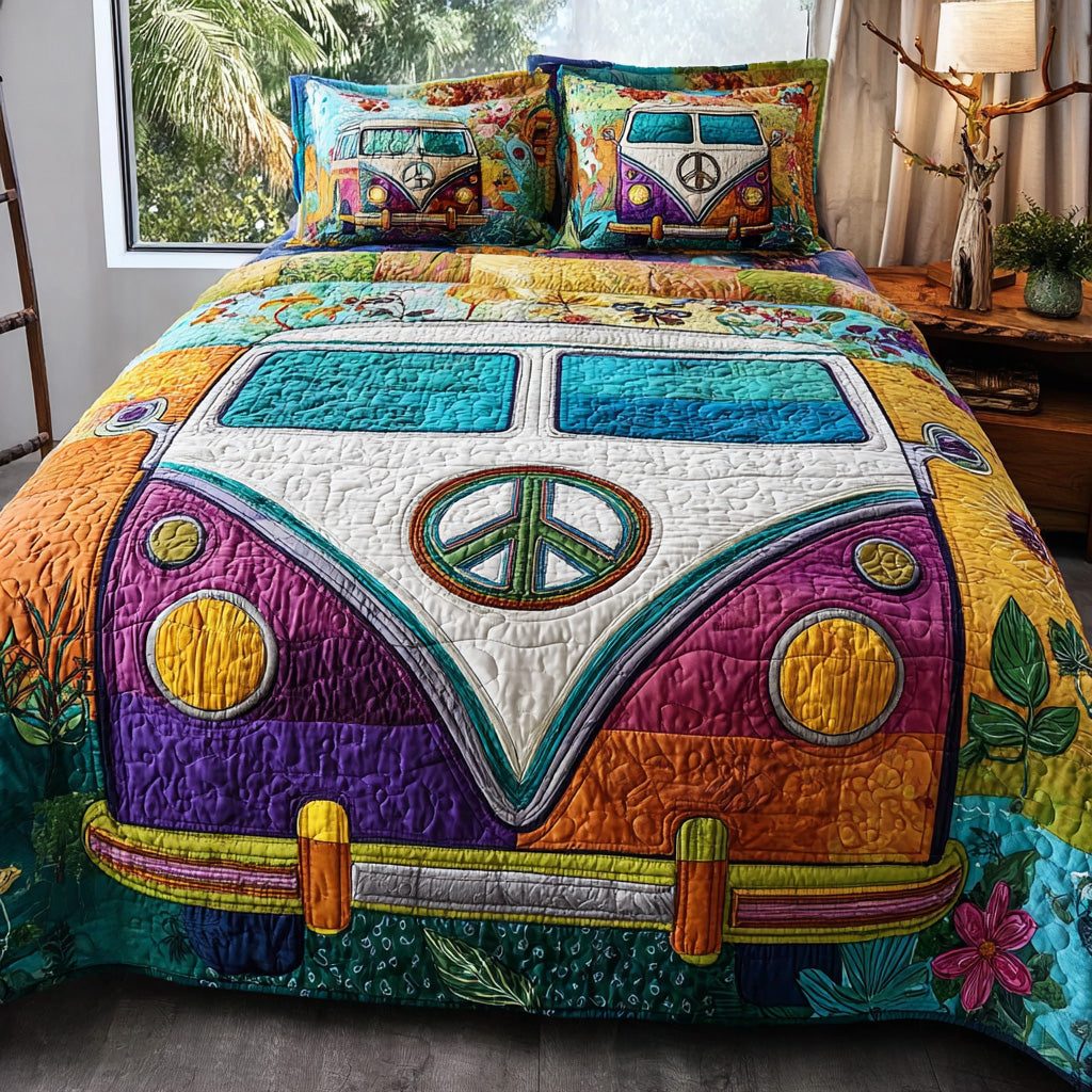 Hippie Drive quilted 3-piece bedding set on a made bed with two matching pillow shams