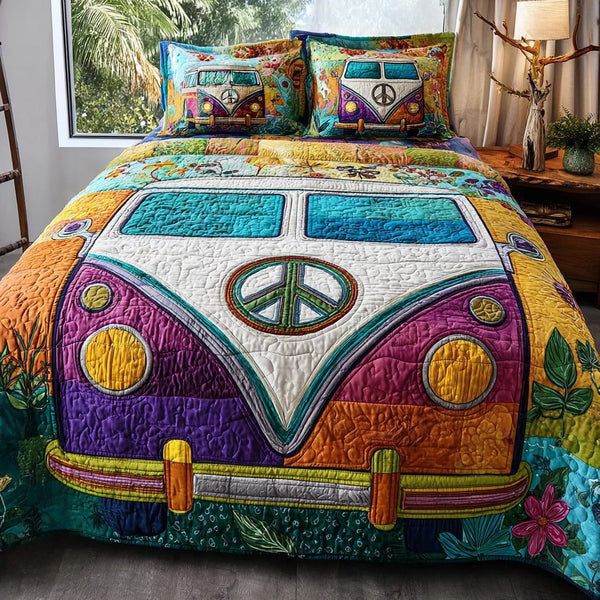 Hippie Drive quilted 3-piece bedding set on a made bed with two matching pillow shams