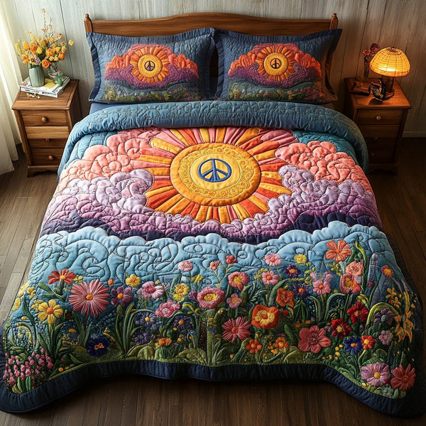 Hippie Flow quilted 3-piece bedding set on a made bed with two matching pillow shams