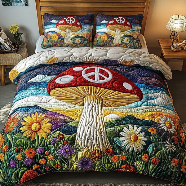 Hippie Fungi quilted 3-piece bedding set on a made bed with two matching pillow shams