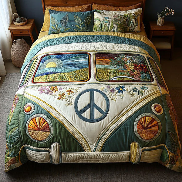 Hippie Groovy Getaway quilted 3-piece bedding set on a made bed with two matching pillow shams