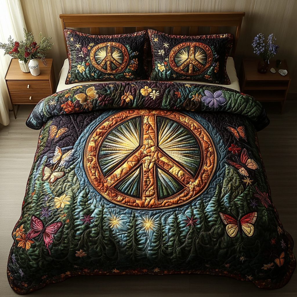 Hippie Grove quilted 3-piece bedding set on a made bed with two matching pillow shams