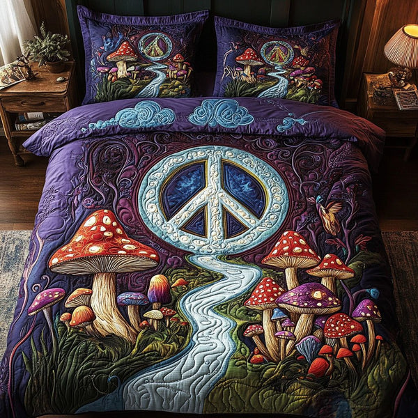 Hippie Grove Retreat quilted 3-piece bedding set on a made bed with two matching pillow shams