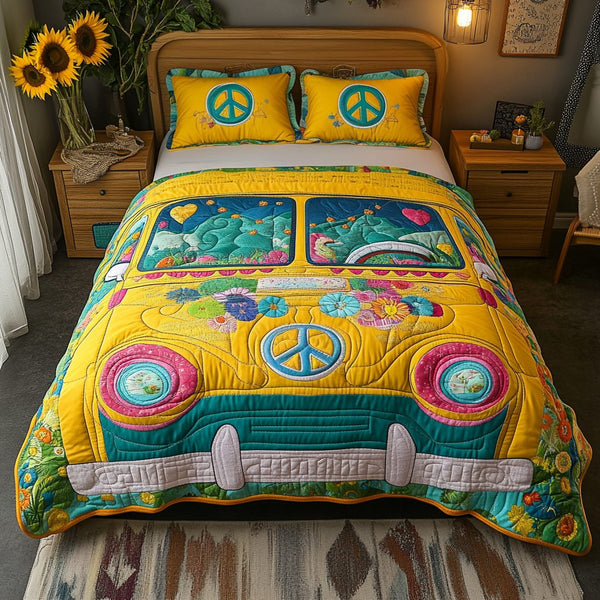 Hippie Hauler quilted 3-piece bedding set on a made bed with two matching pillow shams