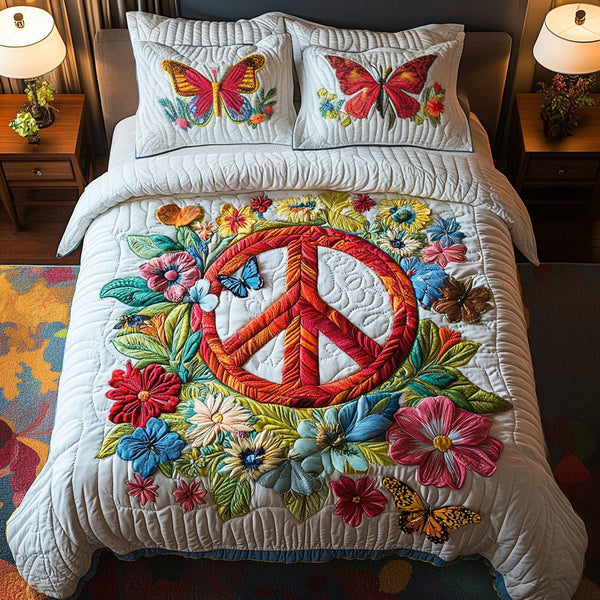 Hippie Haven quilted 3-piece bedding set on a made bed with two matching pillow shams