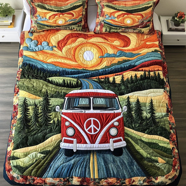 Hippie Highway quilted 3-piece bedding set on a made bed with two matching pillow shams